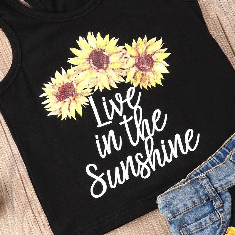 Honganda Fashion 2Pcs Toddler Kids Baby Girl Sunflower Outfits Sleeveless Tank Top+Denim Shorts Summer Clothes (3 Flowers Black, 4T / 5T) - Image 5